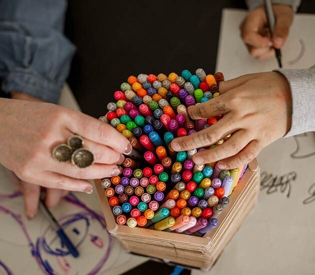 Art materials for family art therapy sessions in Sechelt, BC, or via Zoom, used to support healing from trauma, grief, and anxiety